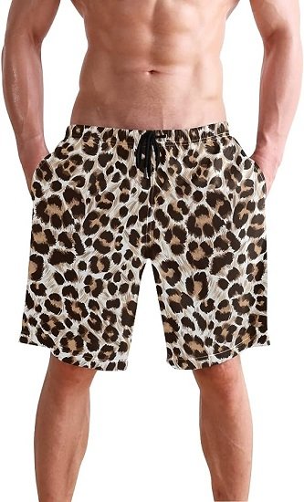 Mens Swim Trunks Leopard Shorts Quick Dry Swim Shorts with Pockets