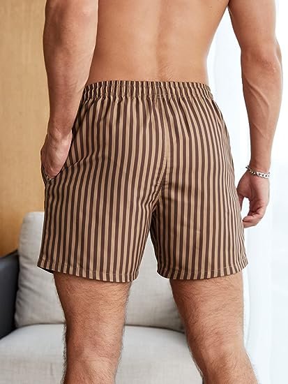 Men's Drawstring Waist Swim Trunks Striped Print Pocket Shorts