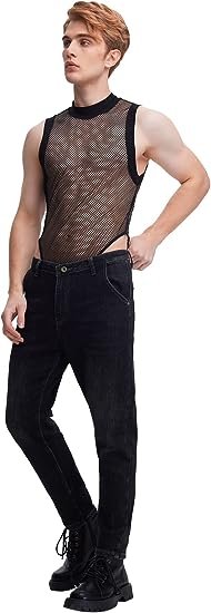 Men's Fishnet Mesh Mock Neck Tank Tops Sleeveless Tee Tops Bodysuit