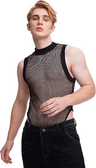 Men's Fishnet Mesh Mock Neck Tank Tops Sleeveless Tee Tops Bodysuit