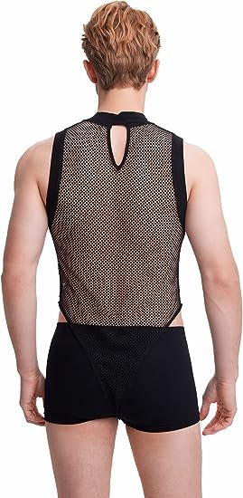 Men's Fishnet Mesh Mock Neck Tank Tops Sleeveless Tee Tops Bodysuit
